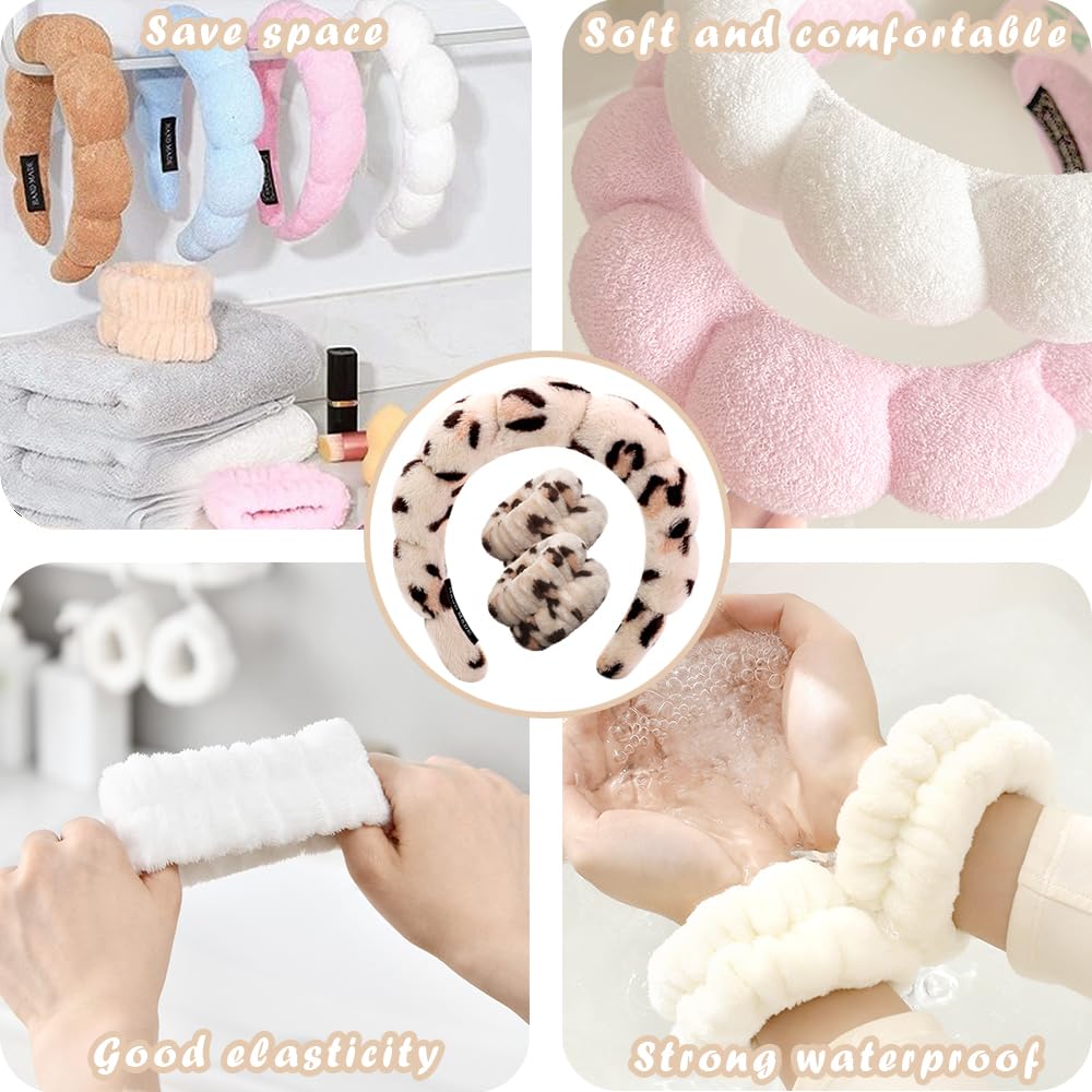 Opaski spa do mycia twarzy opaska na nadgarstek zestaw gąbka makijaż pielęgnacja skóry opaska na nadgarstek ręczniki bąbelkowe miękki ręcznik frotte tkanina opaska do włosów dla kobiet bufiaste