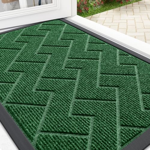 Image of OLANLY Front Door Mat Indoor Outdoor Entrance, Waterproof All-Season, All-Weather Doormat, Sturdy Natural Rubber, Low Profile, Easy Clean Patio Porch Entryway Mat, Herringbone Brick (Green, 29.5x17)