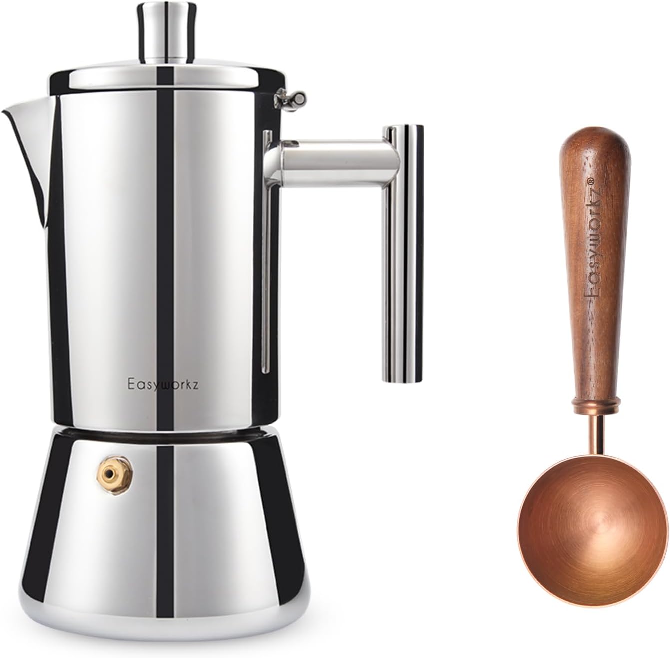 Easyworkz Diego Stovetop Espresso Maker 4Cup 6.8 oz Induction Moka Pot, Bundled with Retro Stainless Steel Coffee Spoon With Black Walnut Handle,10g - Measuring Spoon (Rose gold)