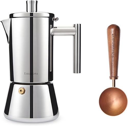 Easyworkz Diego - Cafetera de café expreso para estufa, 4 tazas, 6.8 onzas, con cuchara de café retro de acero inoxidable con mango de nogal negro,