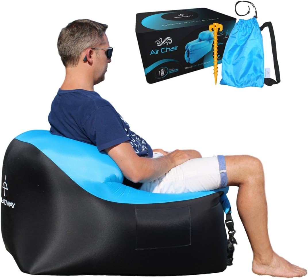 Treadway Air Chair Rapid Inflation, Compact/Lightweight, Inflatable air Filled Beach/Camping Chair - Ideal for Festivals, Gaming, Fishing, Dorm Room, bedrooms & Travel. (Blue/Black)