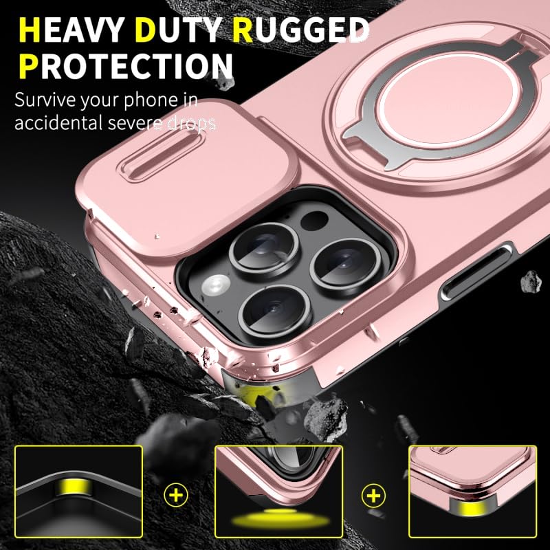 Image of LuxuryKase Shockproof Rugged Case for iPhone 15 Pro | Slide Camera Cover | 360 Rotating Ring Kickstand | Military-Grade Protection - Rose Pink