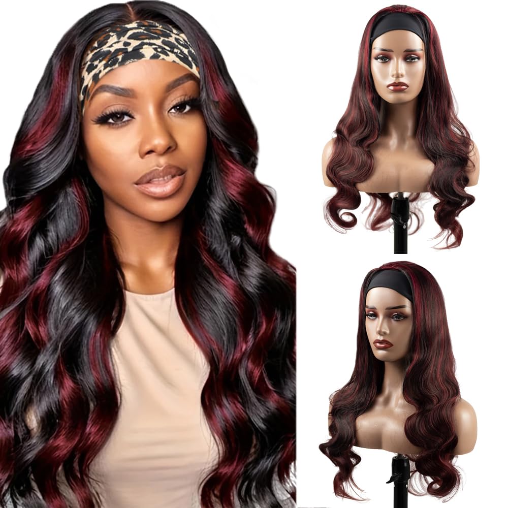 20 Inch P1B99J Burgundy Headband Wigs Human Hair Body Wave Wigs for Black Women Brazilian Virgin Hair Glueless None Lace Front Half Wig Wear and Go Highlight Headband Wigs Human Hair