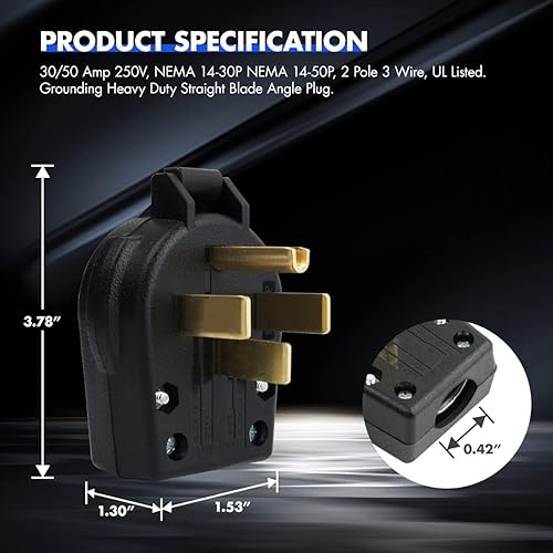 Miniatura 3 de Enchufe NEMA 14-30P y NEMA 14-50P, enchufe de ángulo de estufa de horno de 4 puntas, hoja recta resistente, 30 amperios, 50 amperios, 125250 V,
