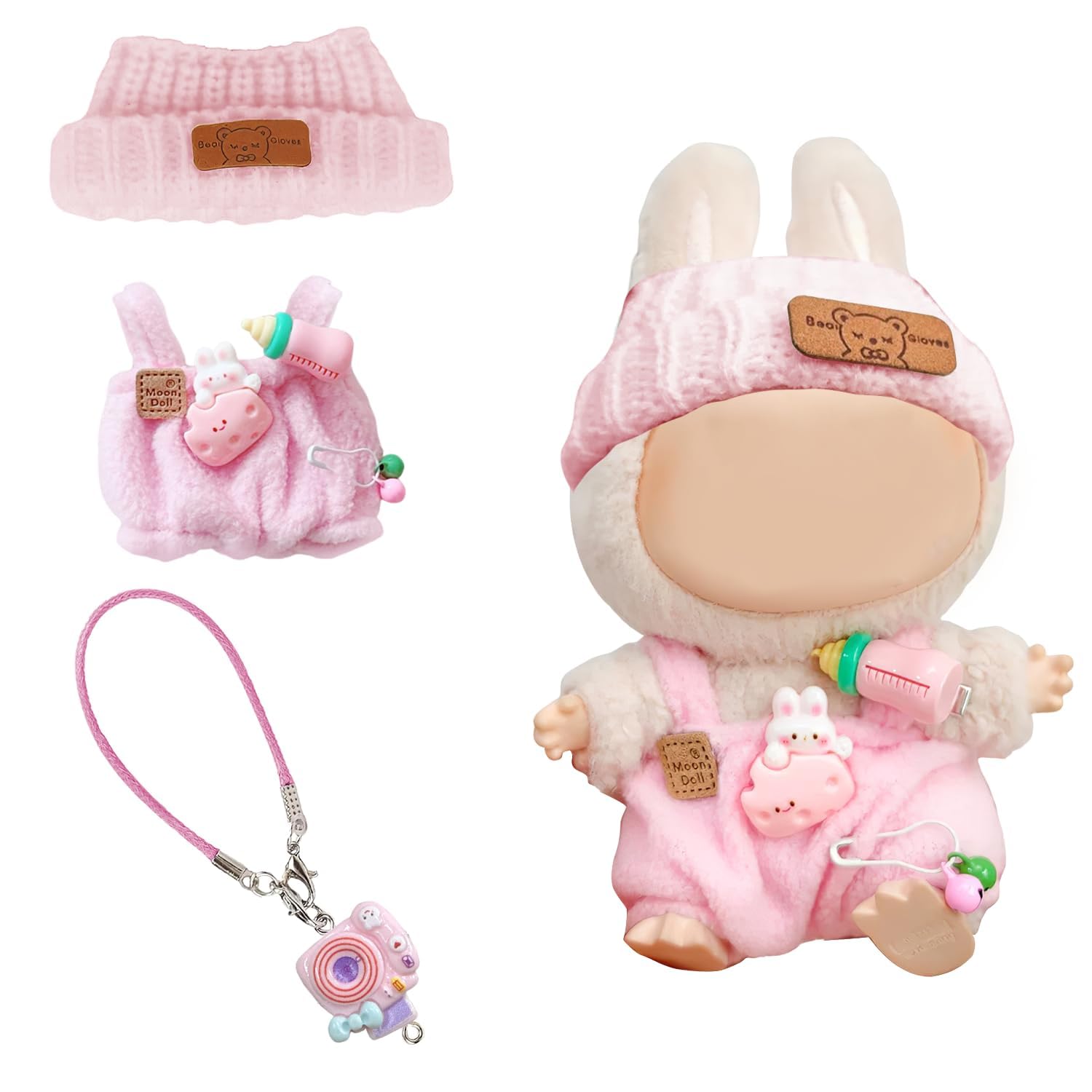 Labubu 17cm Plush Doll Clothes Set of 3 Pink Suspenders Hat Camera