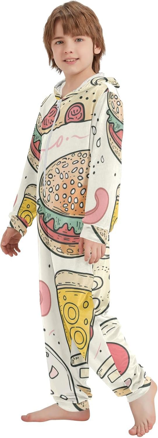 Cute Cartoon Doodle PizzaUnisex OnesieSoft Cozy Hooded One-Piecing Jumpsuitsfor Parties Sleepovers