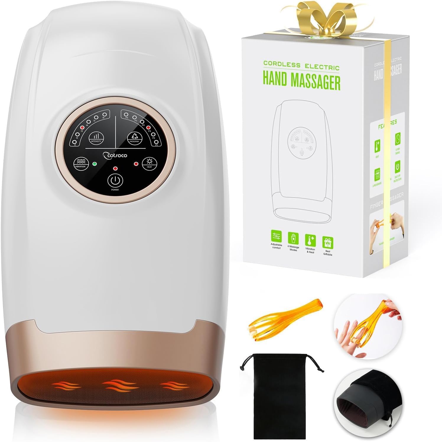 cotsoco Cordless Hand Massager Machine for Arthritis and Carpal Tunnel Relief, 6 Levels Hand Therapy with Heat and Compression, Finger and Wrist Massager for Pain Relief,Gifts for Men Women