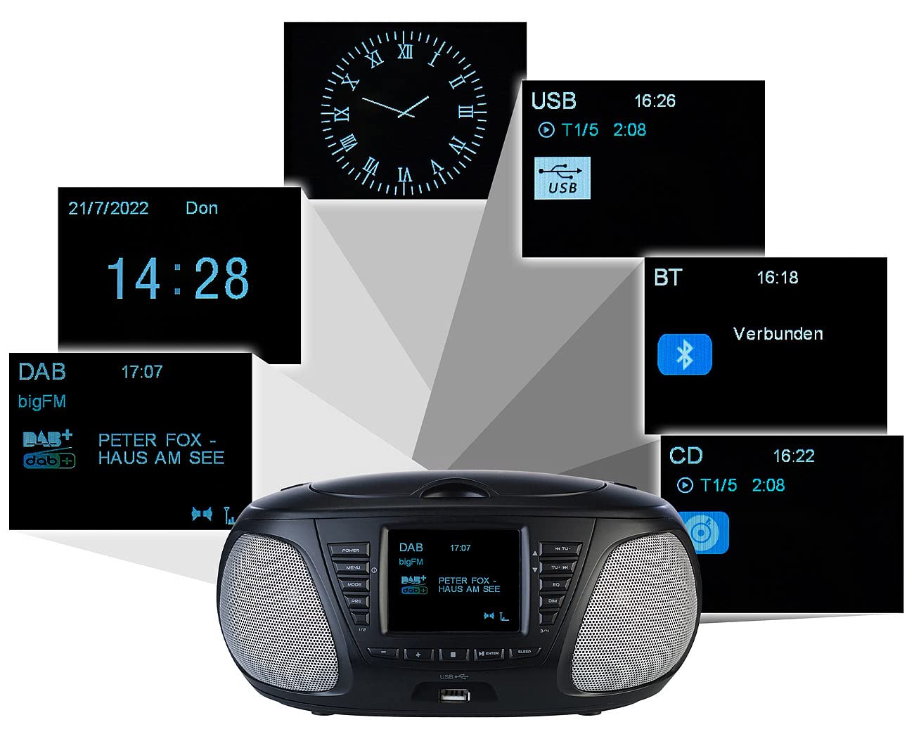 VR-Radio CD Player: Mobile Stereo-Boombox mit DAB+/FM, Bluetooth, CD, AUX, 10 Watt (Radio, tragbarer Player, Lautsprecher)
