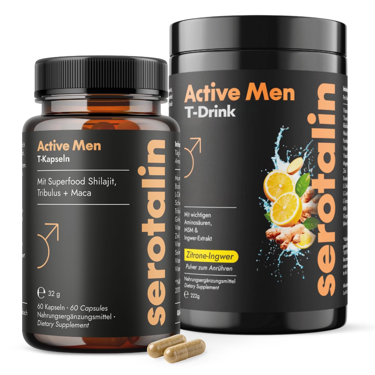 serotalin Active Men All-in-One Bundle für Männer - 60er Kapseln mit Maca & Shilajit + T-Drink mit Kreatin & L-Citrullin - Für Sport & Alltag