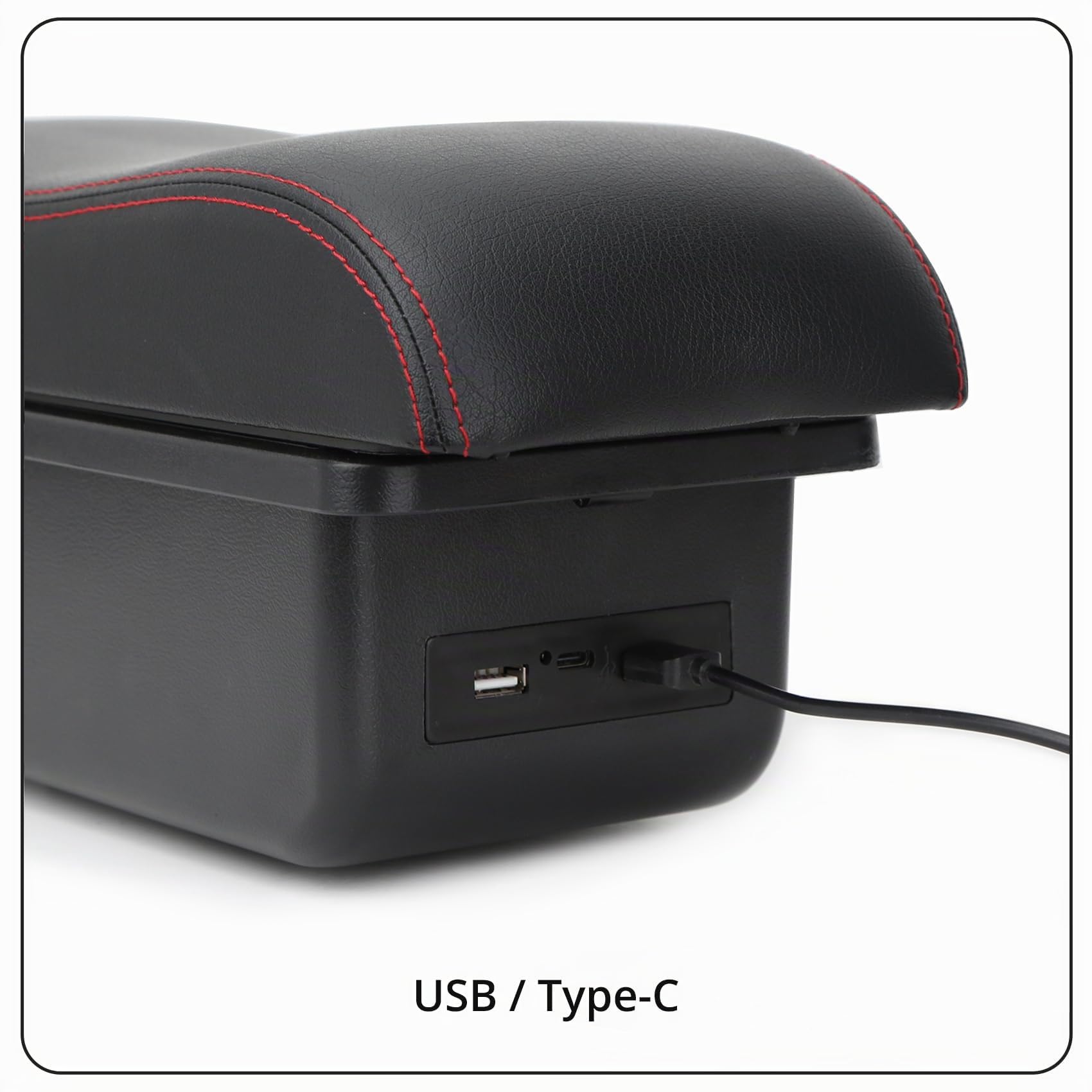 YJYWZH Accoudoir pour Seat Ibiza 6J Mk4 2008-2016 Design Incurvé 3 USB | 2 USB + 1 USB-C,Design ergonomique,Accoudoir pour console centrale,Double rangement,Cuir PU, Noir avec coutures rouges