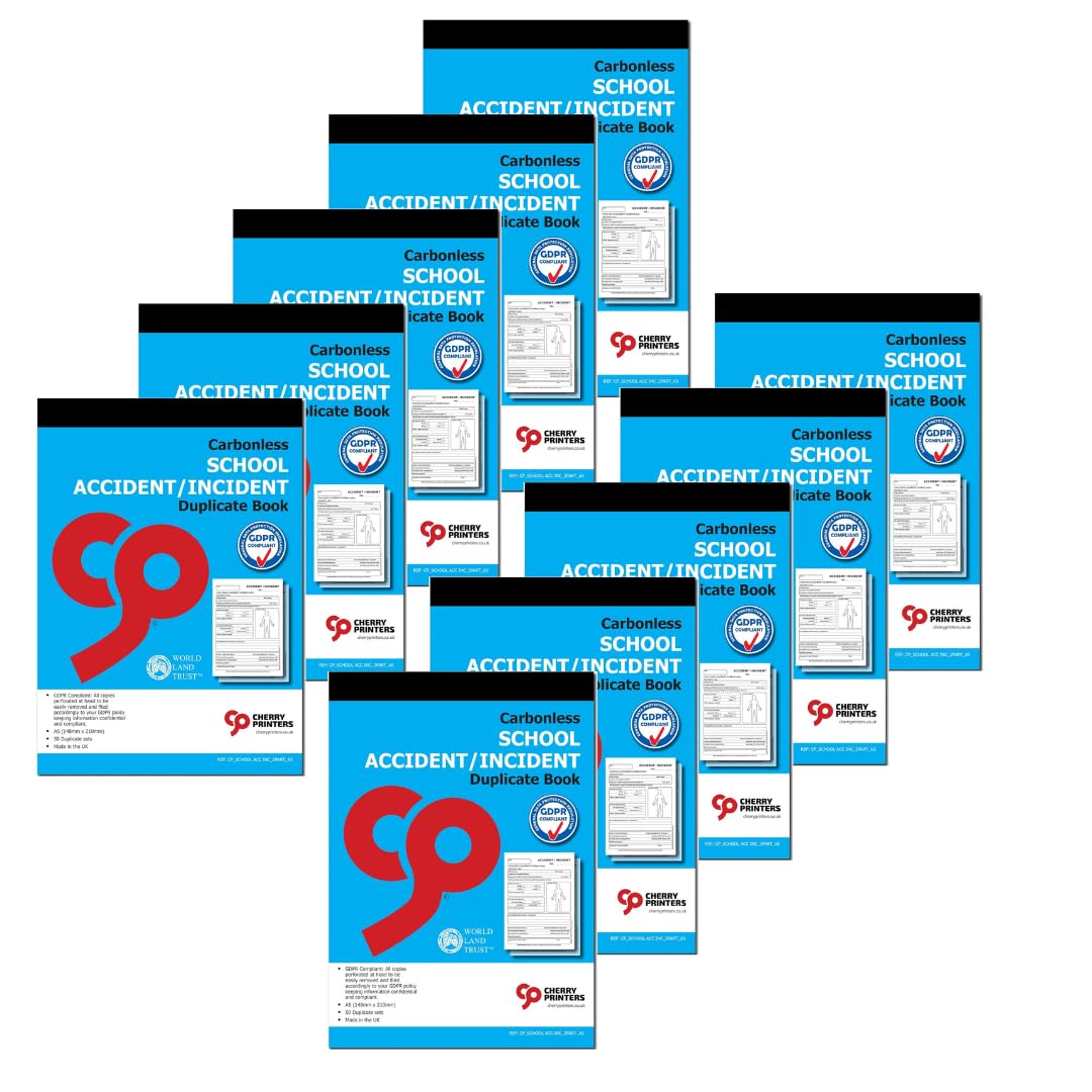 Cherry Printers | Carbonless NCR | School Accident/Incident | Duplicate Book | for Pupils | GDPR Compliant | A5 (148 x 210 millimetres) | Loose Leaf Writing Shield | 50 Sets per Book | **10 Pack**