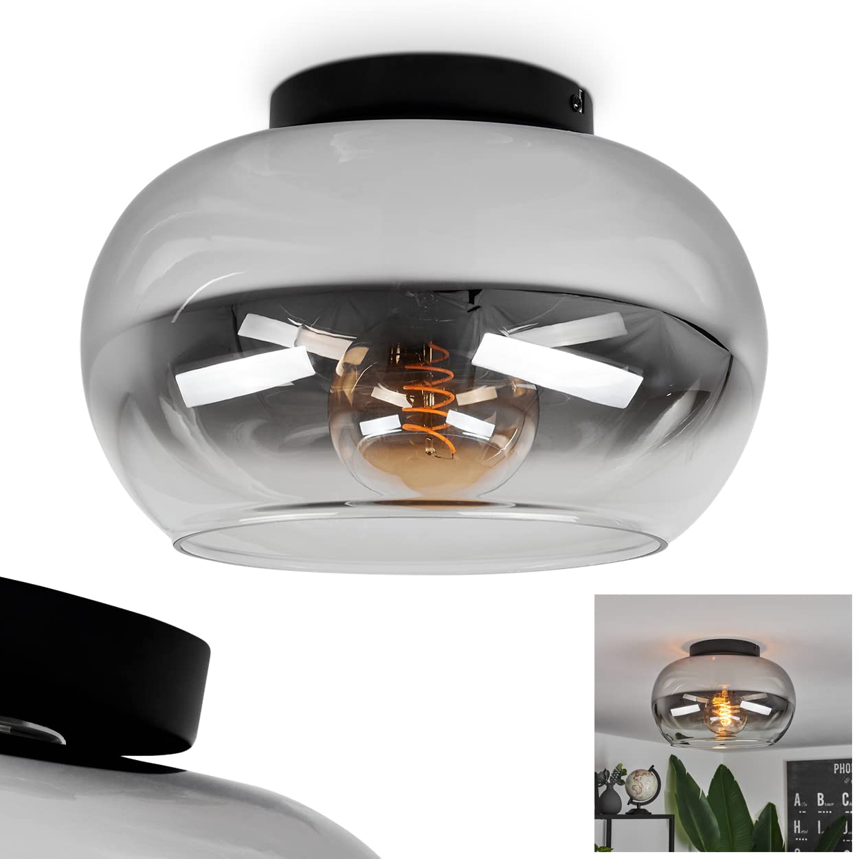 HOFSTEIN Deckenleuchte Molloy, Deckenlampe aus Metall/Glas in Schwarz/Rauchfarben/Klar, moderne Leuchte im Retro/Vintage-Design, Ø 31 cm, E27, Schlafzimmer, Wohnzimmer, Küche, Esszimmer