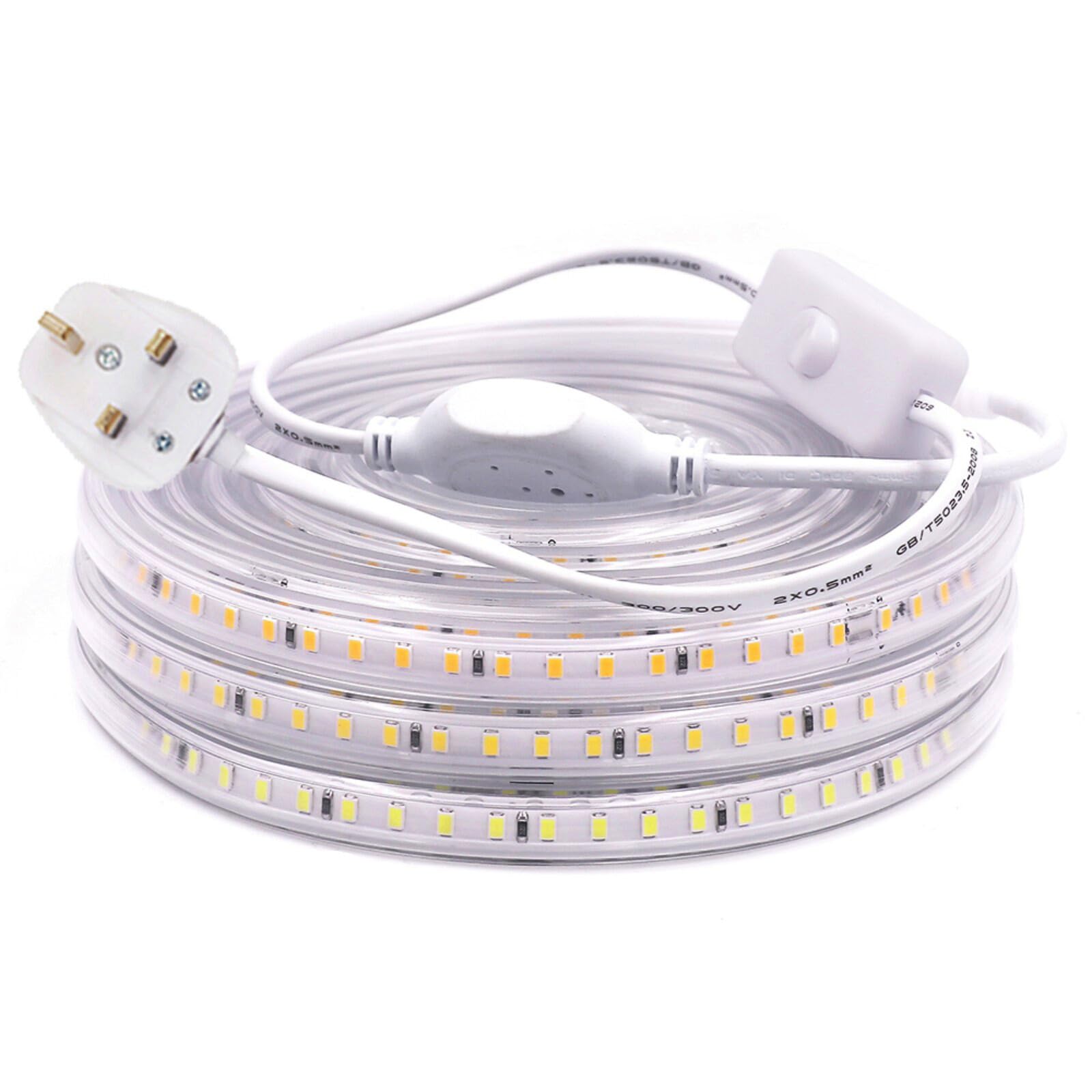 GQL 220V-240V LED Strip (Cut to 20cm) with Switch Power Supply, Waterproof 2835 SMD 120 LEDs/m Rope Light Professional Commercial Engineering Decoration- 2m Warm White