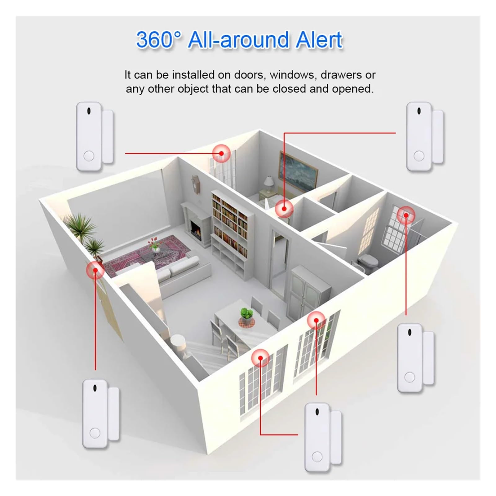 Sensor magnético de puerta, detector inalámbrico de ventanas for el hogar for de alarma, alertas de notificación de aplicaciones, seguridad familiar(6PCS)
