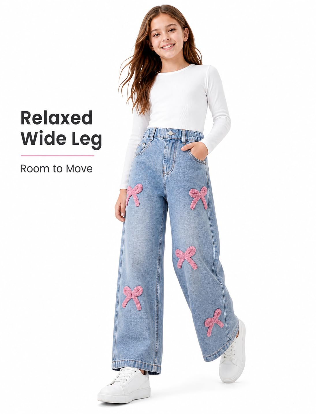 JiAmy Jeans larges pour filles avec nœud brodé pour enfants de 130 à 170 ans, 5 à 13 ans
