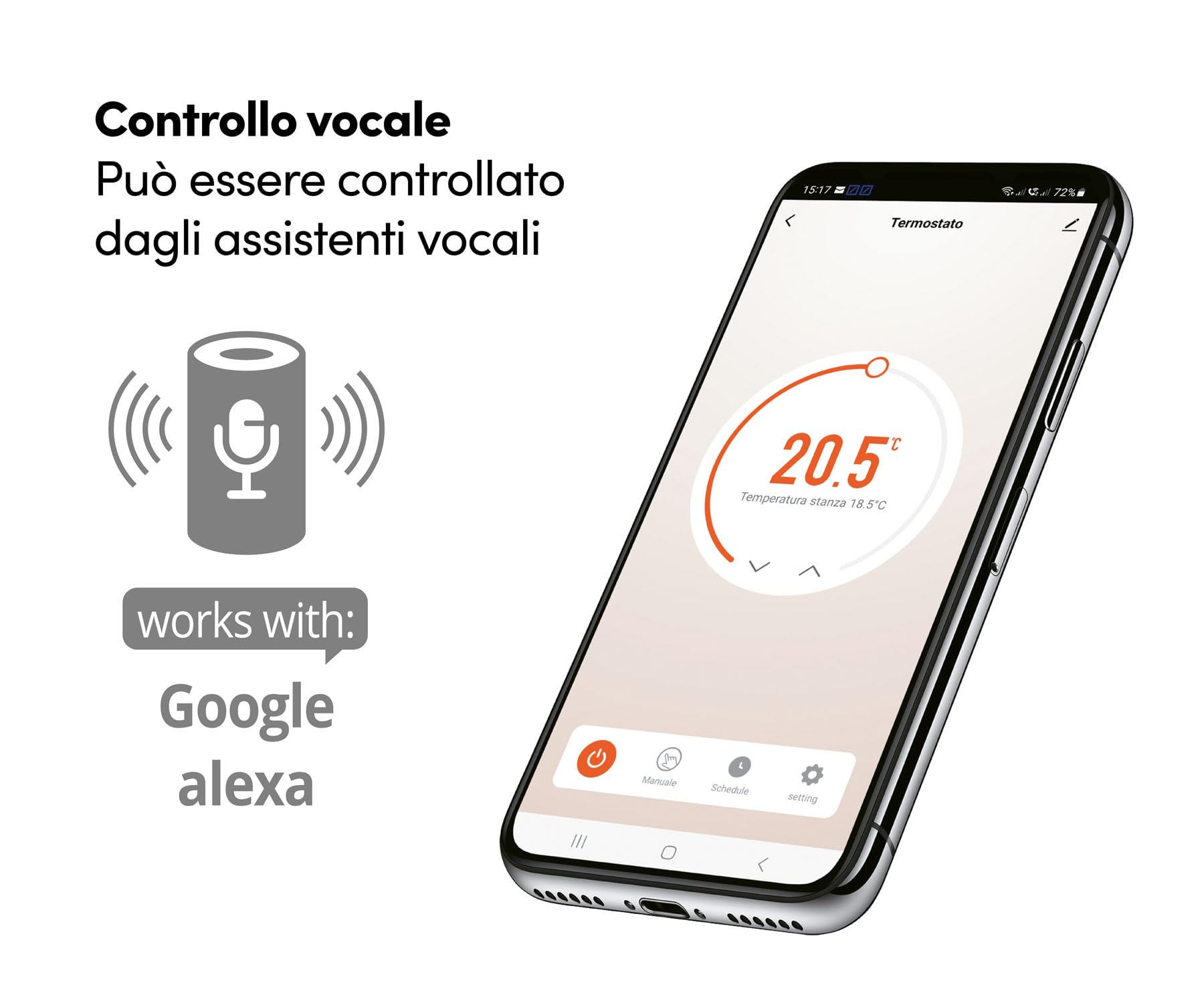 Beghelli - Cronotermostato Smart Dom-e con Display Touch e Placca Luminosa, Compatibile con Amazon Alexa e Google Assistant tramite App, Condizionamento/Riscaldamento, Luce Emergenza, Batteria Inclusa