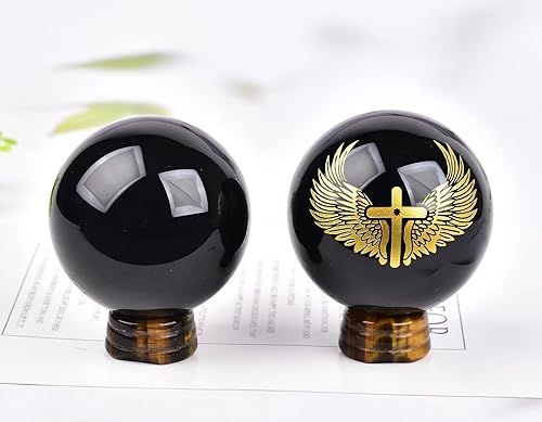 Miniatura 8 de AMOYSTONE Bola de obsidiana negra natural grabada ojo de diablo esfera de cuarzo de cristal negro con soporte de ojo de tigre