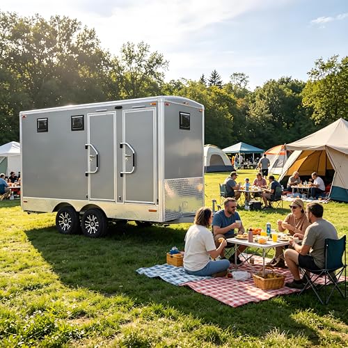 ADA Compliant Portable Toilet Trailer for Sale Commercial Mobile Restroom Trailer Luxury Accessible Porta Potty with Handrails Wide Door Non-Slip Ramp for Government Schools Public Events
