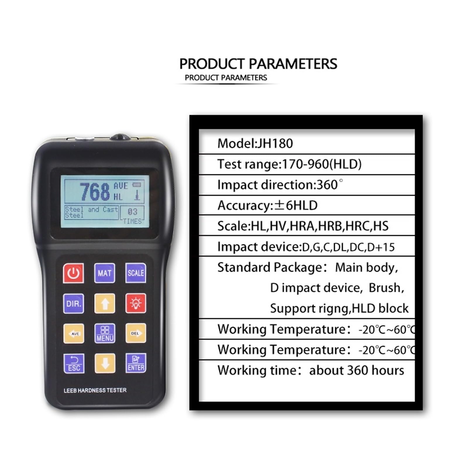 H180 Tragbarer digitaler Härteprüfer mit LCD-Display Härtemessgerät for Metall HL, HV, HRA, HRB, HRC, HS Lesbare Messungen