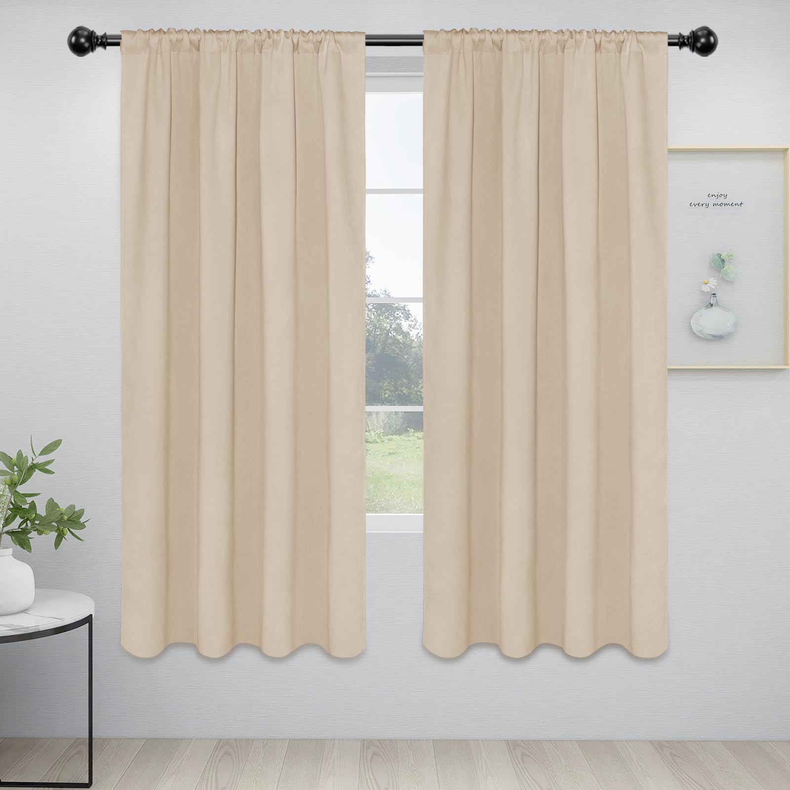 Easy-Going Rod Pocket Blackout Curtains for Bedroom, Room Darkening Window Curtains for Living Room, Thermal Insulated Noise Reduction Solid Window