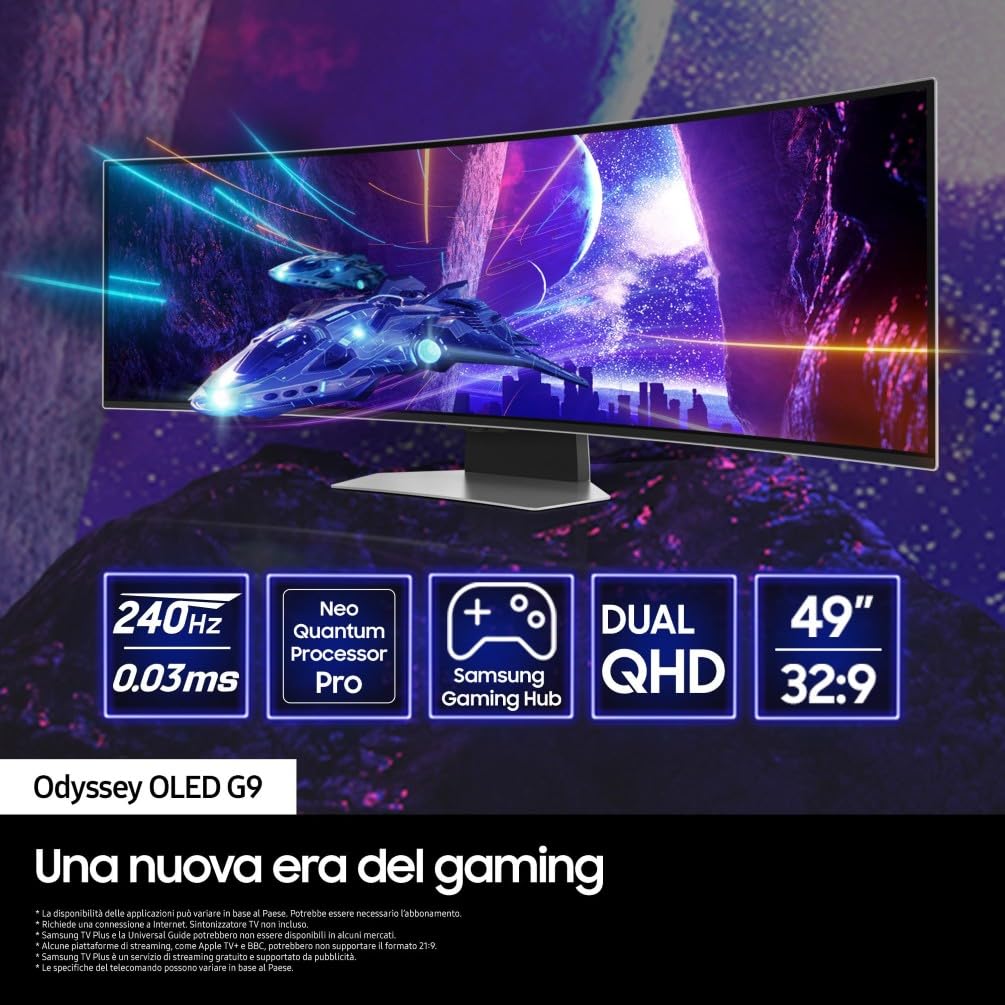 Samsung Monitor Gaming Odyssey OLED G9 (S49CG950), Curvo (1800R), 49'', 5120x1440 (DQHD), Smart Hub, 32:9, HDR10+, QD-OLED, 240Hz, 0,03ms (GtG), Compatibilità G-Sync, Micro HDMI, USB 3.0, DP, Casse