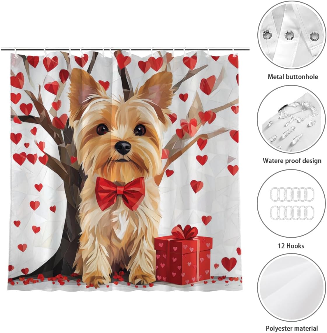 Valentines Day Shower Curtain, Valentines Yorkshire Terrier Shower Curtain for Bathroom, Fabric Bath Curtain with Hooks for Home Decorations, 72x72 Inches