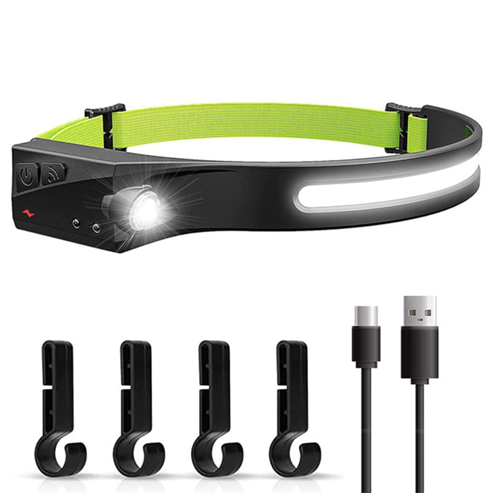 Linterna frontal LED USB 350 lúmenes COB LED faro con sensor de movimiento, IPX4 impermeable, ideal para correr, camping, senderismo, pesca, caza, escalada