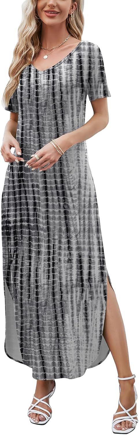 HUSKARY Women's Summer Maxi Dress Casual Loose Pockets Long Dress Short Sleeve Split Maxi Dresses - Image 3