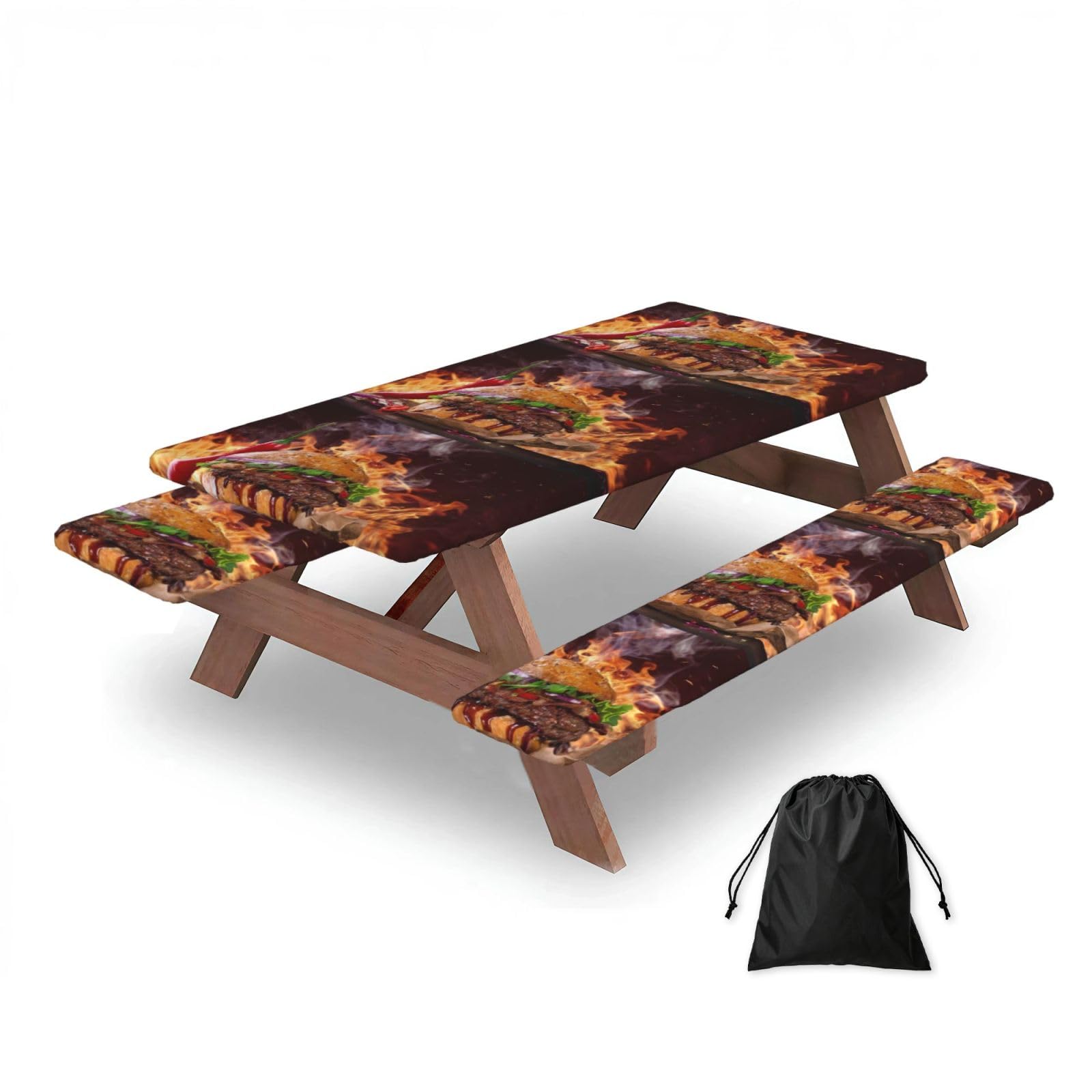 Dopklna As Picture Hamburger Steak Fast Food Print, Picnic Table Cover With Bench Covers -Waterproof Elastic Fitted Tablecloth For Garden Camping Patio 76X152cm