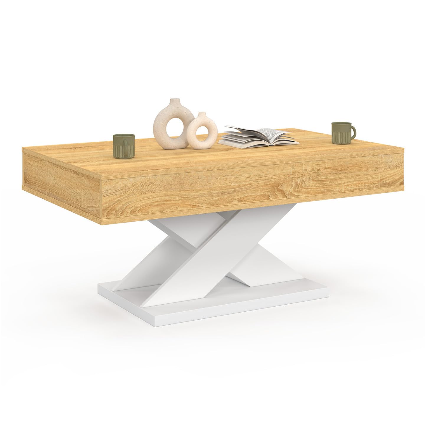 IDMarket - Tavolino rettangolare con piano rialzabile in legno ALICIA e base bianca
