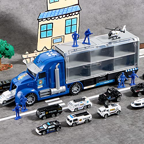 Joyin 25 In 1 Die-Cast Police Rescue Truck Car Toy Set With Sounds And Lights, Mini Police Vehicles In Carrier Truck, Play Police Patrol Rescue Vehicle Toy, Birthday Gifts For Over 3 Years Old Boys #TOP7