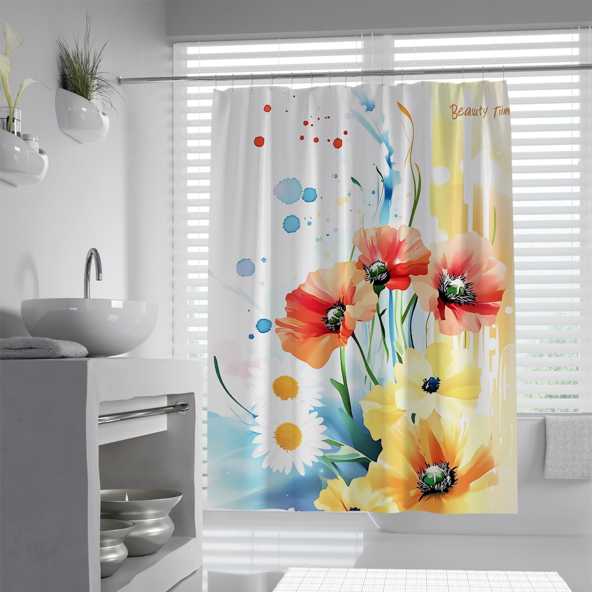 UERWOWELL Vibrant Watercolor Botanical Shower Curtain Colorful Blossoms White Daisy Theme Design Polyester Fabric Bathroom Curtain Waterproof Washable W90xL180 cm