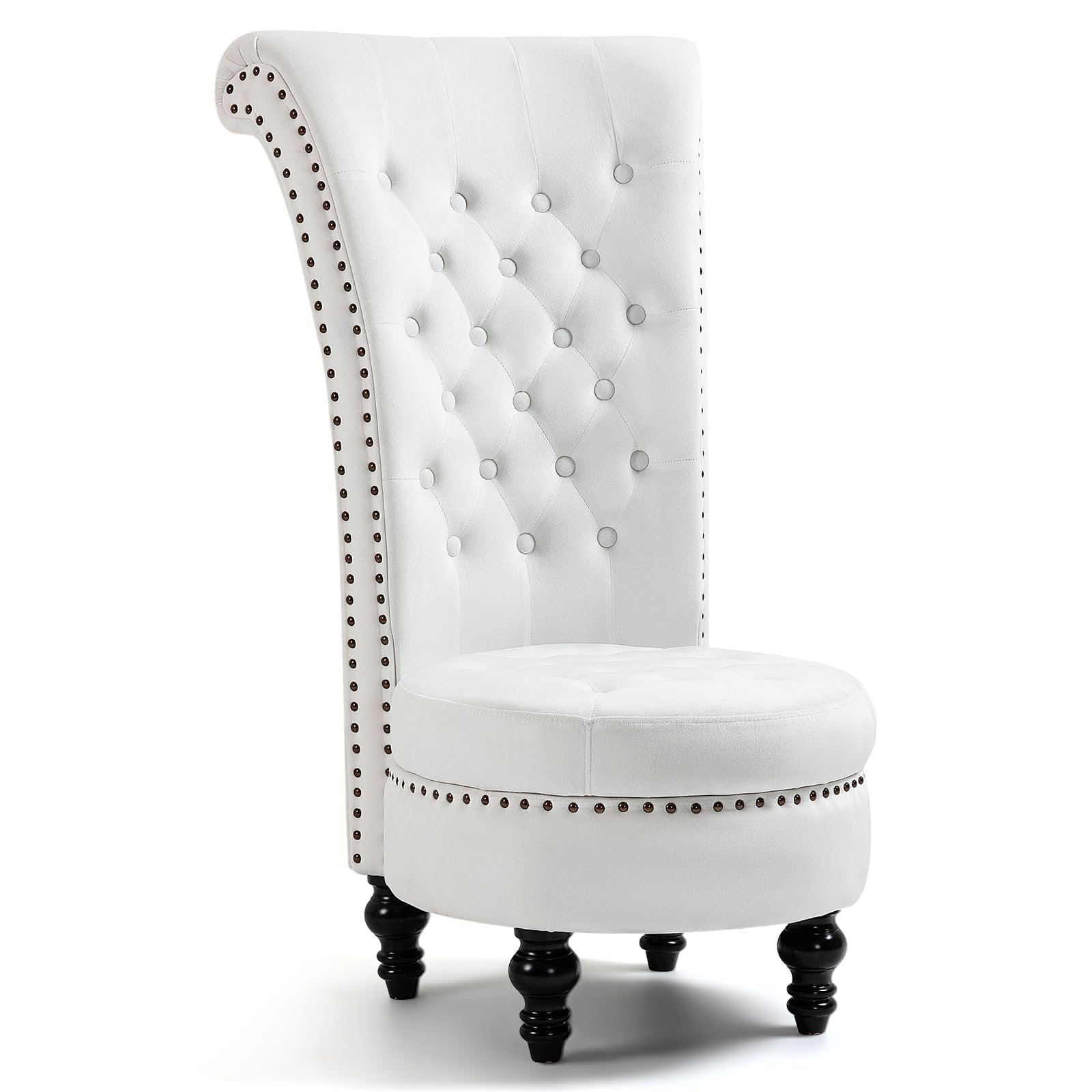 AVAWING High Back Throne Chair, Velvet Armless Royal Accent Chair w/Storage, Nailhead Trim & Rubberwood Legs for Living Room & Bedroom, White
