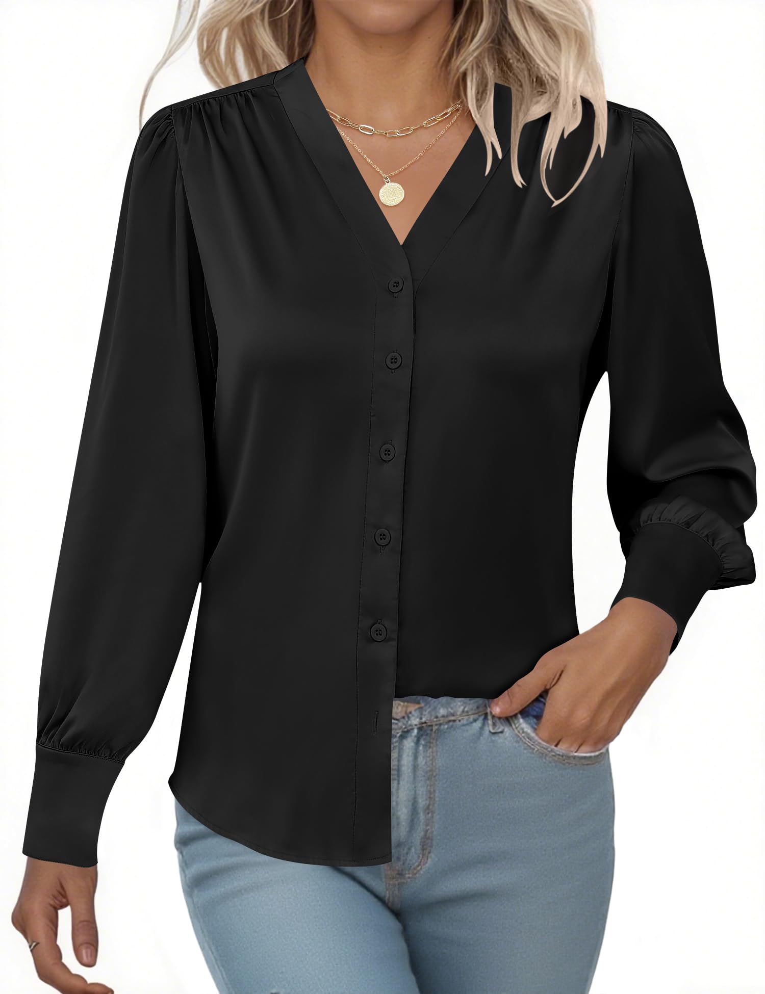 Rapbin Womens Satin Shirt V Neck Long Sleeve Blouses Silk Button