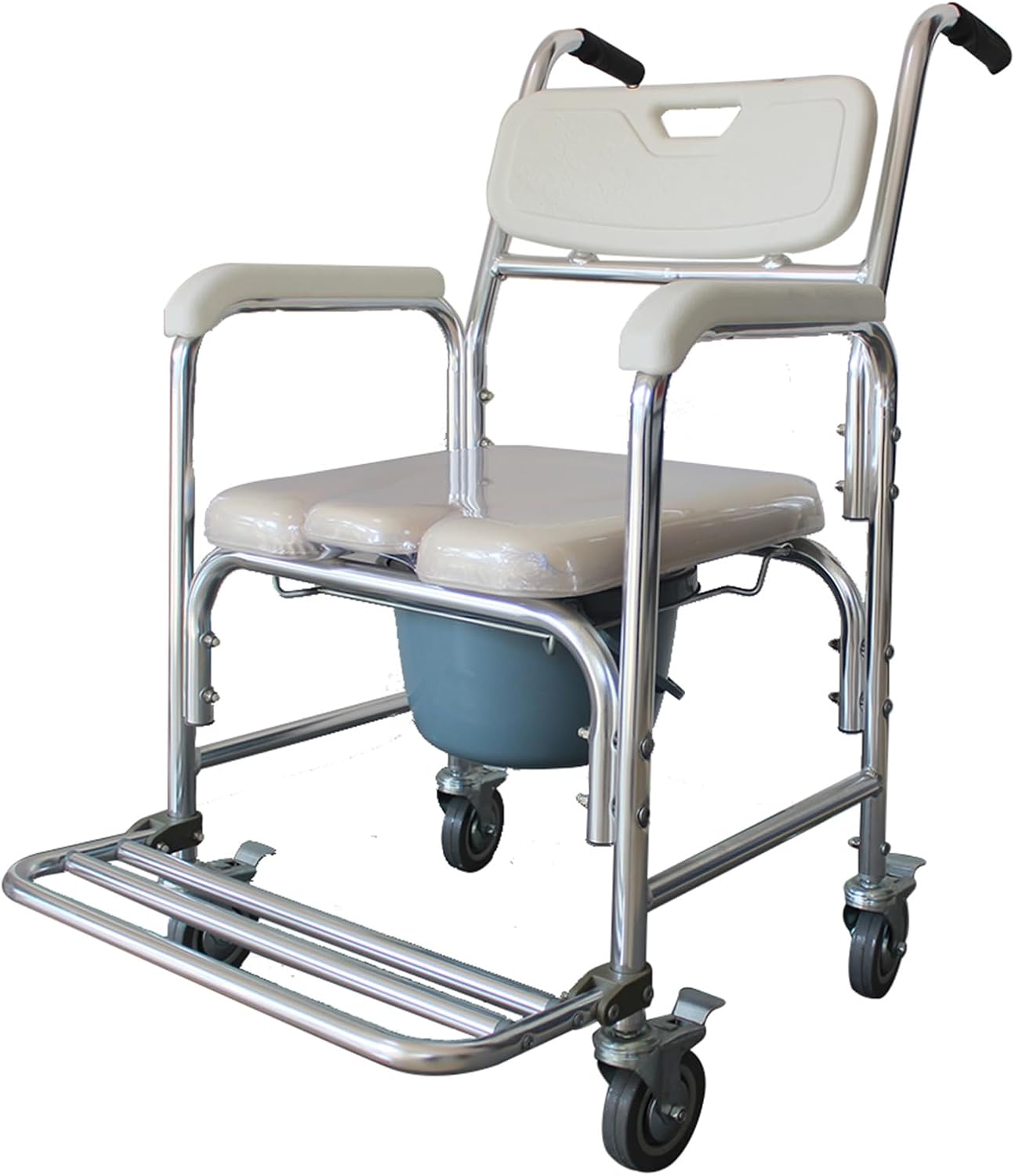 4-in-1Bedside Commode Wheelchair, Shower Commode Chair Rolling Transport Chair Toilet with Arms, Padded Seat, 4 Brake Rollers, Adult Potty Chair for Seniors Elderly Disabled Bariatric, Capacity 300lbs
