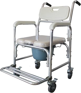 4-in-1Bedside Commode Wheelchair, Shower Commode Chair Rolling Transport Chair Toilet with Arms, Padded Seat, 4 Brake Rollers, Adult Potty Chair for Seniors Elderly Disabled Bariatric, Capacity 300lbs