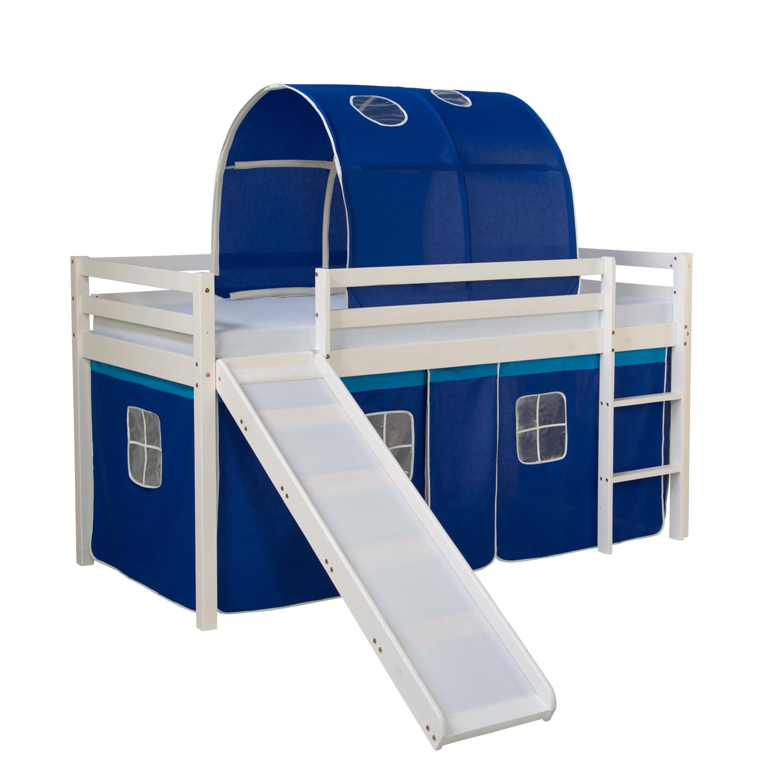 Homestyle4u Kinderhochbett 90x200 cm Weiß - Kiefer Spielbett mit Rutsche | Hochbett inklusive Lattenrost, Vorhang in Blau, Tunnel und Leiter. Massivholz Kiefer für das Kinderzimmer.