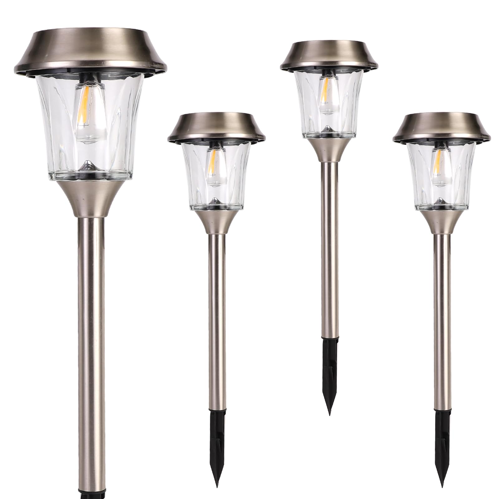 Solar Pathway Lights Outdoor 4 Pack Stainless Steel Glass Solar Garden Lights Auto Dusk to Dawn IP65 Waterproof