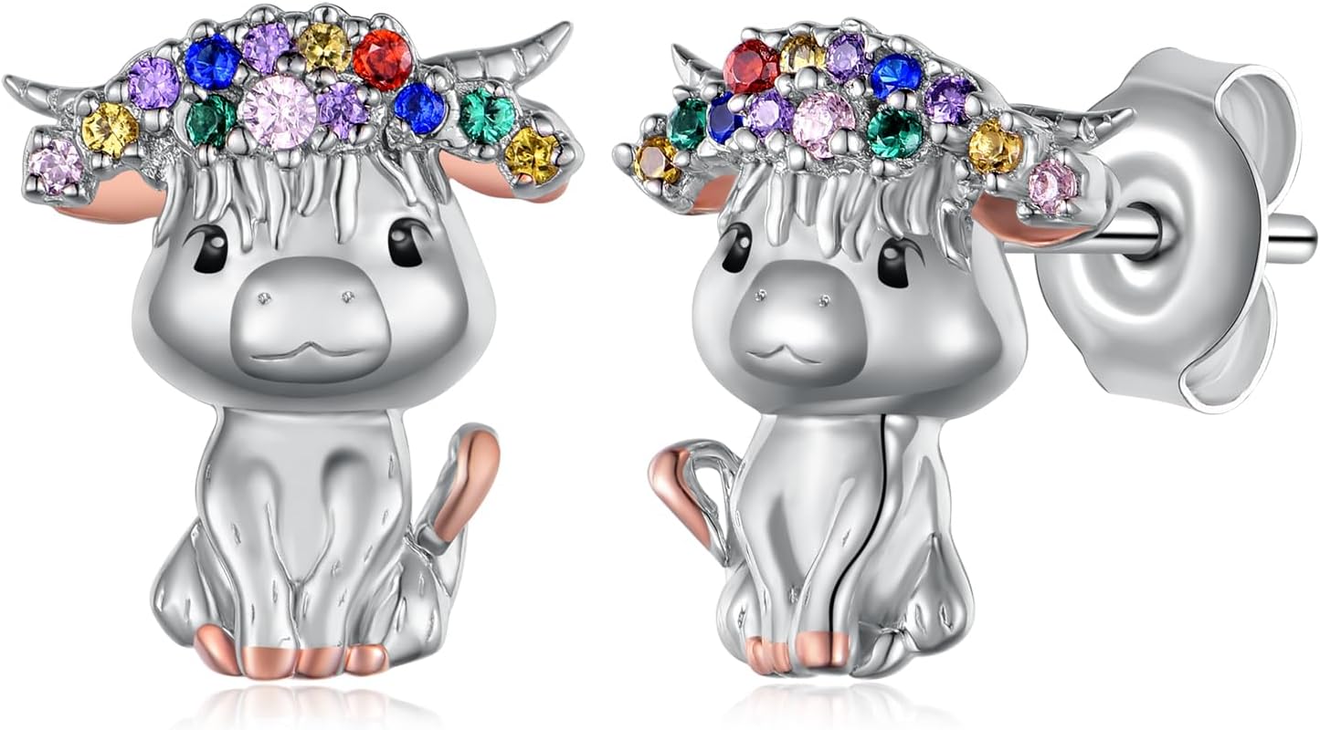 Axolotl/Highland Cow/Panda/Giraffe Stud Earrings 925 Sterling Silver Cute Animal Earrings with with Colored Zircon Animal Jewelry Gift for Girls Women