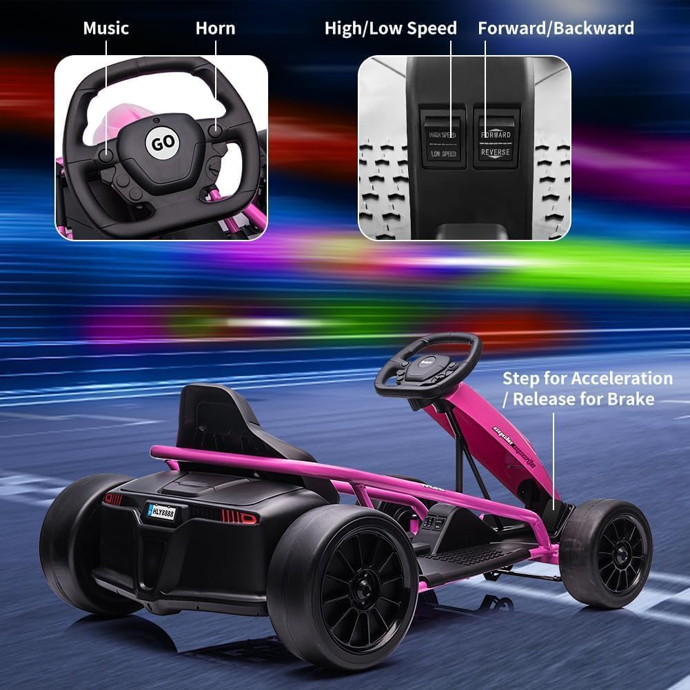 24V Go Kart Eléctrico de Derrape, Go Kart a Pedales para Niños con Motores Duales de 300W, Ruedas Delanteras: EVA; Ruedas Traseras: Nylon Drift, Máxima 13km/h, Estructura Metálica, Música y Altavoces