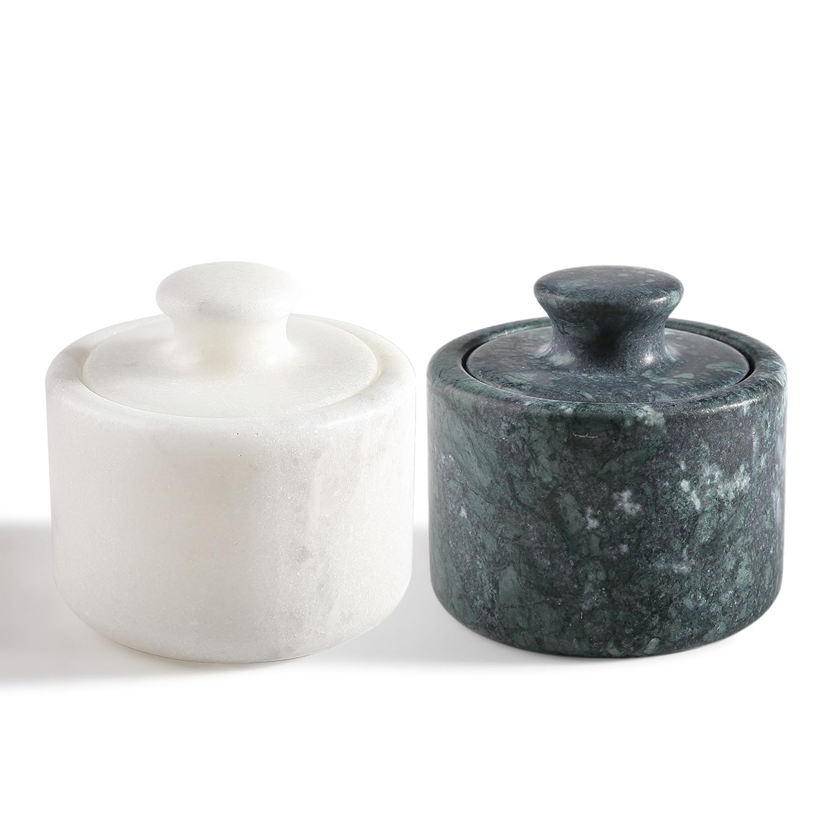 Koville Marble Salt Cellar White and Green Salt Holder with Lid for Kitchen Table Décor, Elegant Modern Handcrafted Seasoning Container for Countertop, Salt and Pepper Holder &amp; Coffee Beans Storage