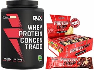 Whey Protein Concentrado Pote (900G) - Sabor Morango, Dux Nutrition + Protein Crisp Bar - 12 Unidades 45g DUO CRUNCH IntegralMedica