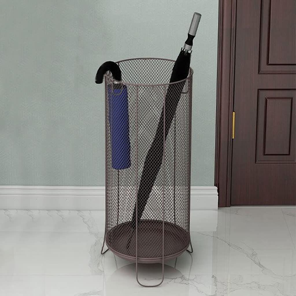 SaryEdge Metal Mesh Umbrella Rack Stand - Modern Round Holder for Entryway with Fixed Hooks, Two Sizes for Canes, Folding Umbrellas, Wrapping Paper - Indoor Um,Brown-20.5x20.5x55cm