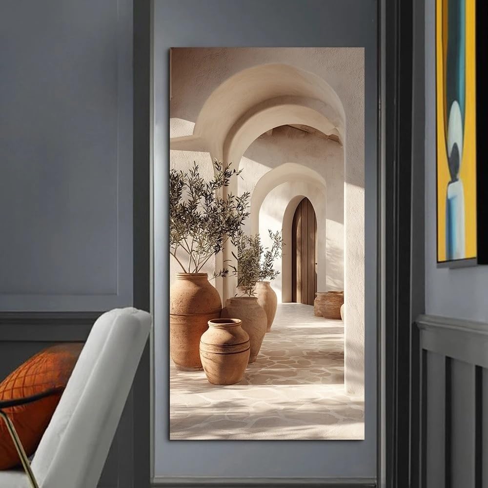 Dittelle Modern White Greek Vase & Olive Tree Canvas Wall Art Prints Mediterranean Beige Painting for Living Room Decortions(90x180cm/ Frameless)