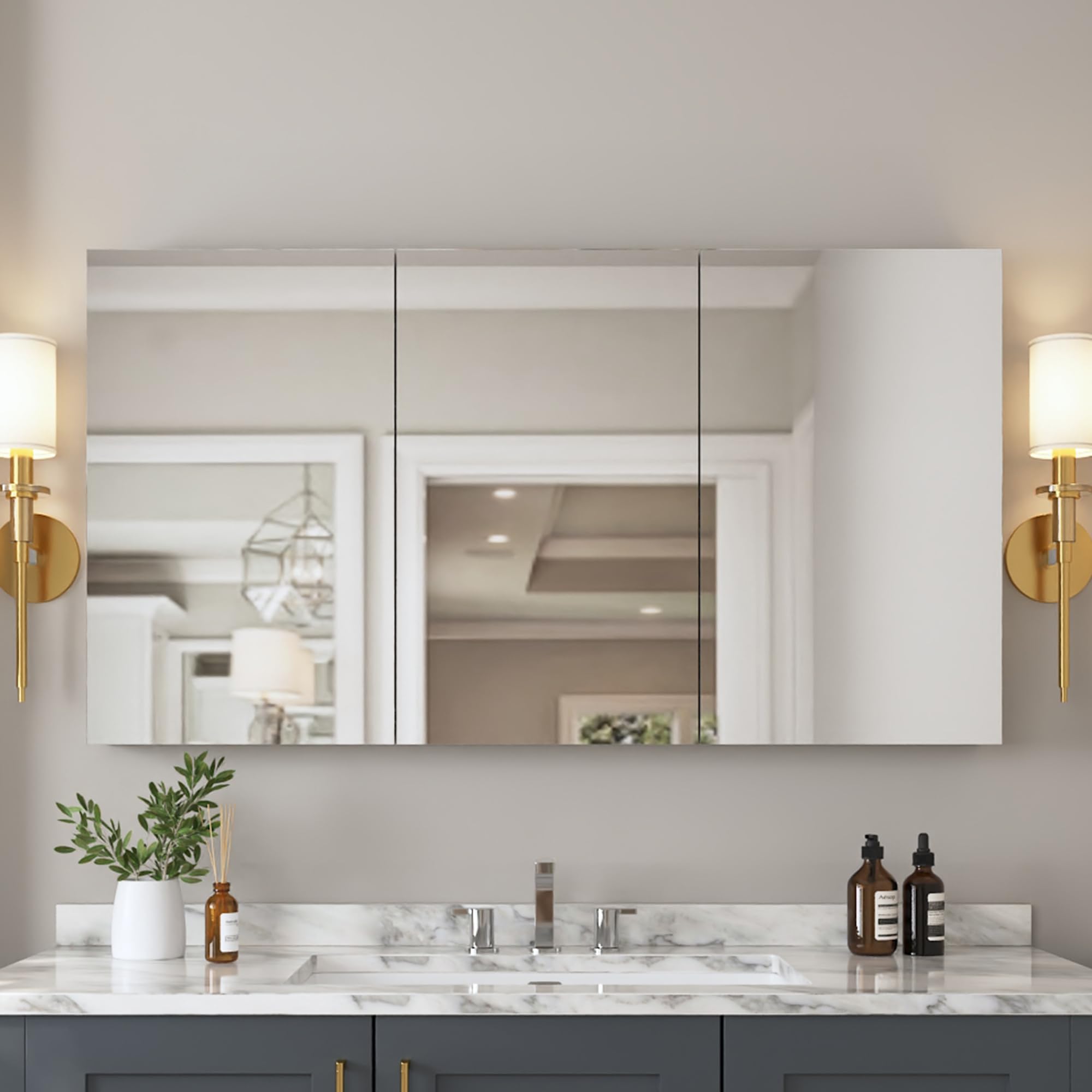 Deer Valley Medicine Cabinet with Mirror, 48" W x 26" H Bathroom Mirror with Storage, 3 Doors Frameless Modern Wall Mount Mirrored Medicine Cabinets with 2 Adjustable Shelves DV-1MC0149