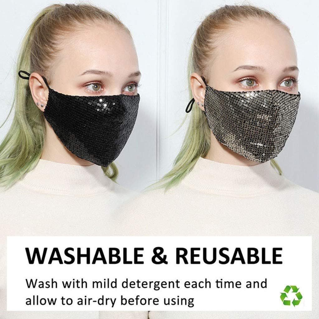 WHMQJQ 2 Pack Sequins Reusable Face Bandanas for Adults Dustproof Cotton Washable Breathable Full Face Protection