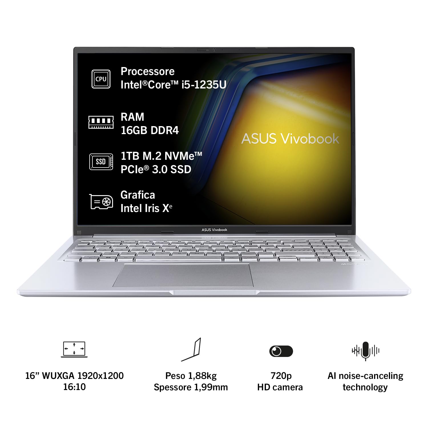 ASUS Vivobook 16X F1605ZA#B086ZSRNXR, Notebook con Monitor da 16" WUXGA 16:10 Anti-Glare, 60Hz, Intel Core 12ma gen i5-1235U, RAM 16GB, 1TB SSD PCIE, grafica Intel Iris Xe, WIN 11 HOME, Argento