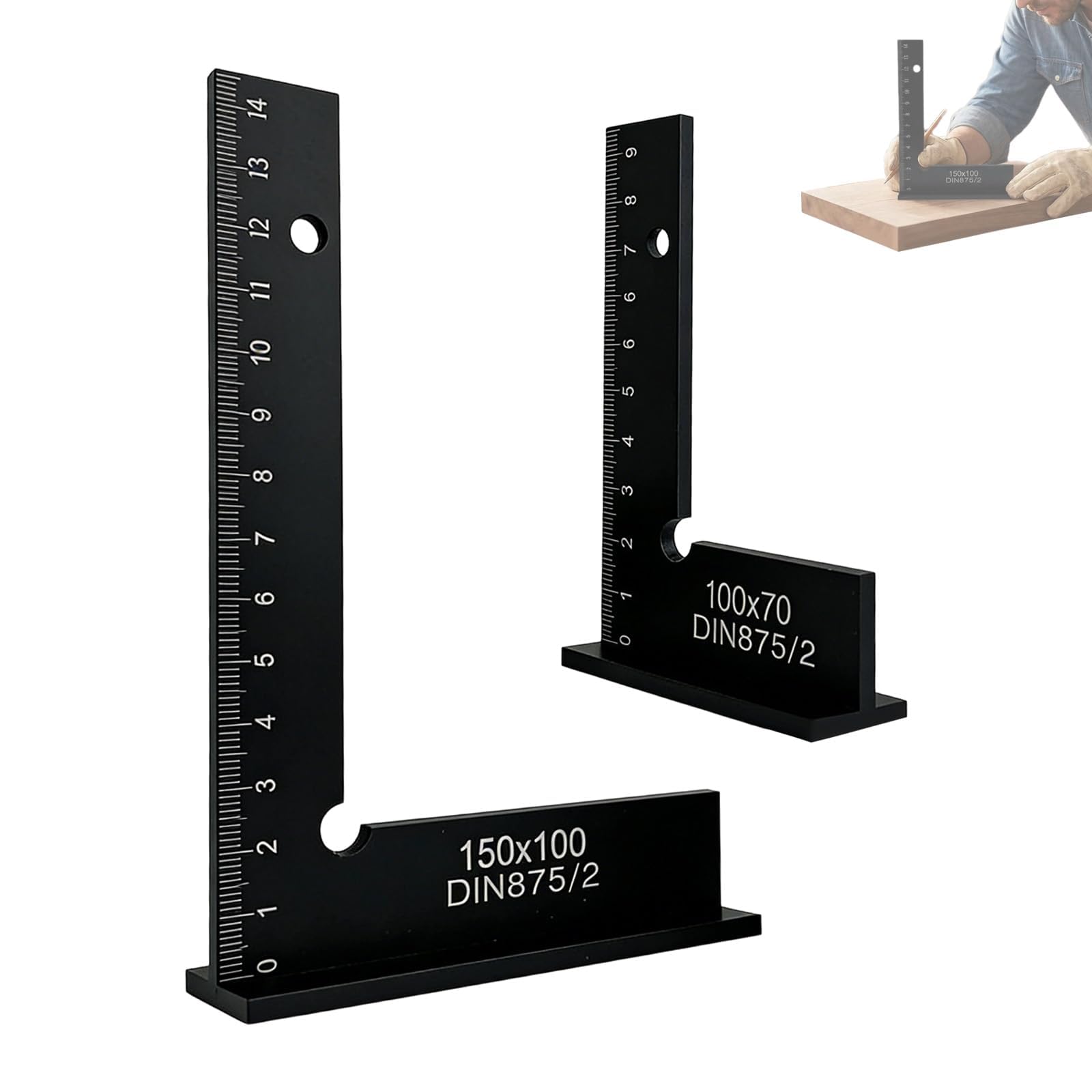 Juego de 2 escuadras angulares de 90° con escala de medición en Cm, dimensiones 100x70 mm y 150x100 Mm, ideales para trabajos precisos en construcción metálica, carpintería y talleres