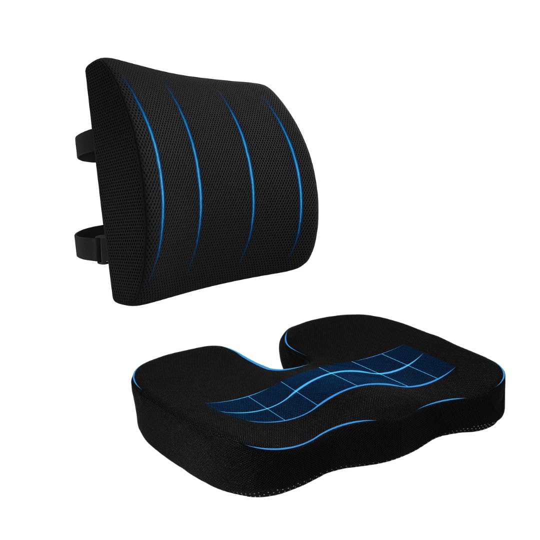 MORPAN Set, Cojín Silla Oficina y Cojín Lumbar Silla Oficina,para Coxis, de Espuma 100% viscoelástica con Correas Ajustables y Fundas Extras de Regalo. Ideal para largas Horas Sentado.