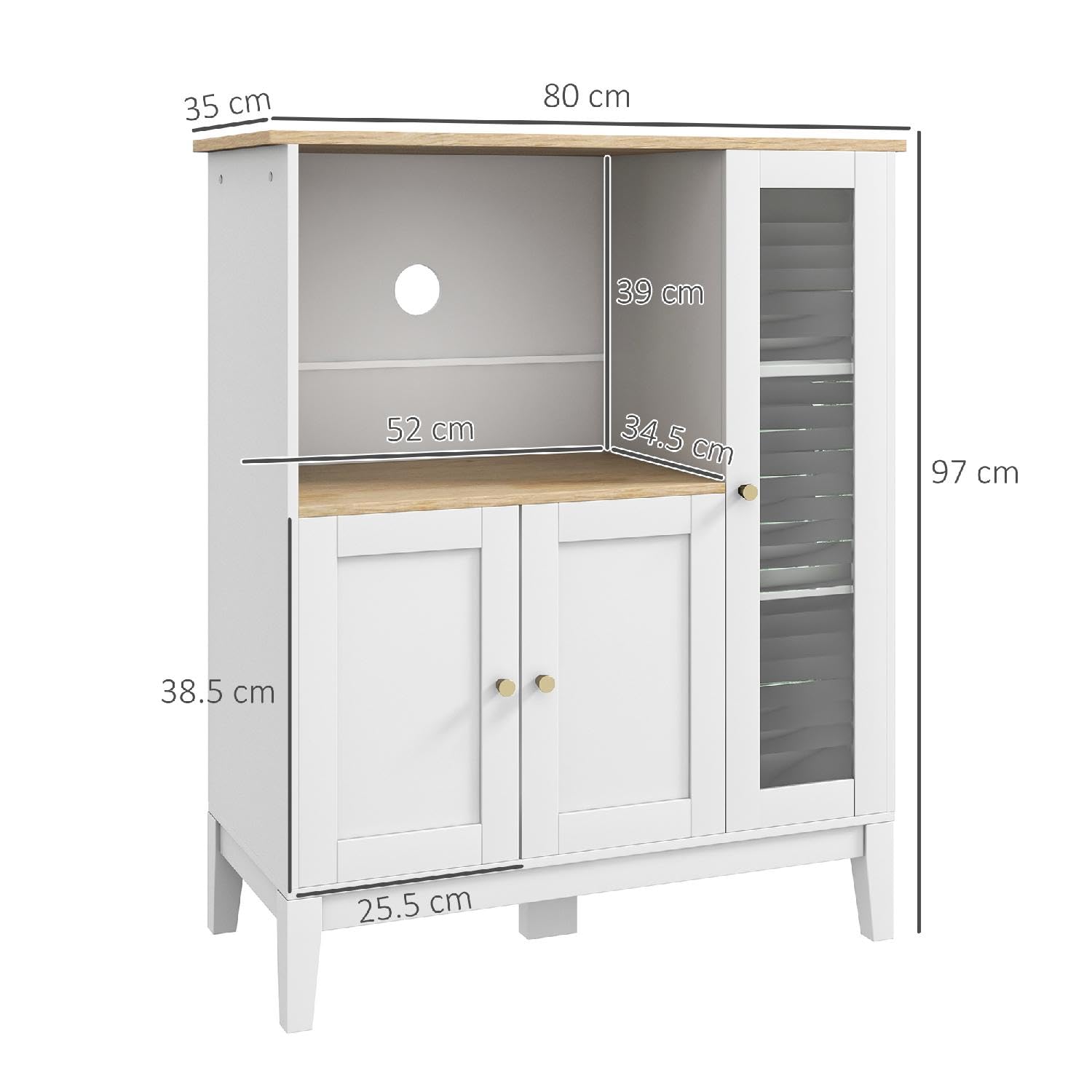 Credenza Cucina Bassa Rustica Mobile Cucina Vano Porta-Microonde 3 Ante Dimensioni 80x35x97 cm Bianco